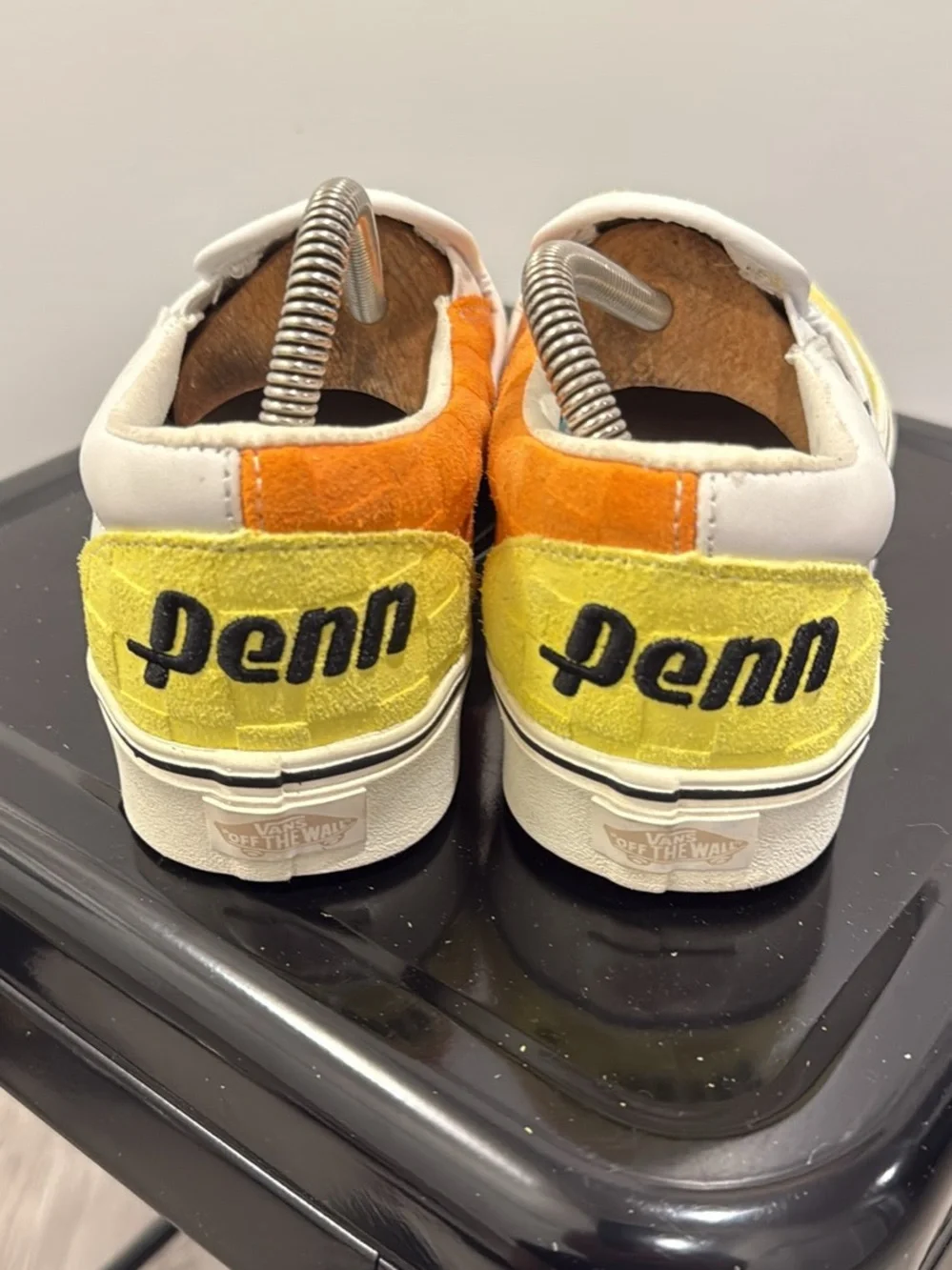Vans Yellow Checkerboard Slip-On Loafers with Orange Heel Accent